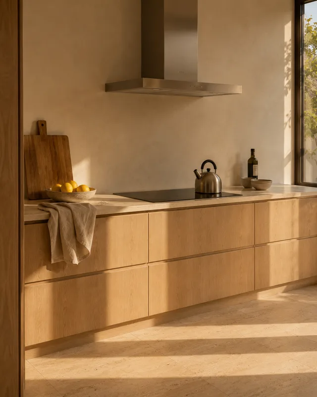 A calm, uncluttered Dubai kitchen seen from the doorway, pale stone worktop and a stainless extractor hood, late sun in bands across the stone.