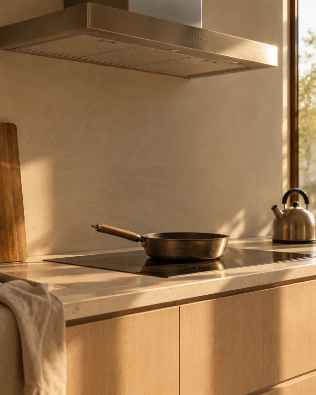 A single empty pan on an induction hob directly beneath a stainless extractor hood, warm late light on clean stone.