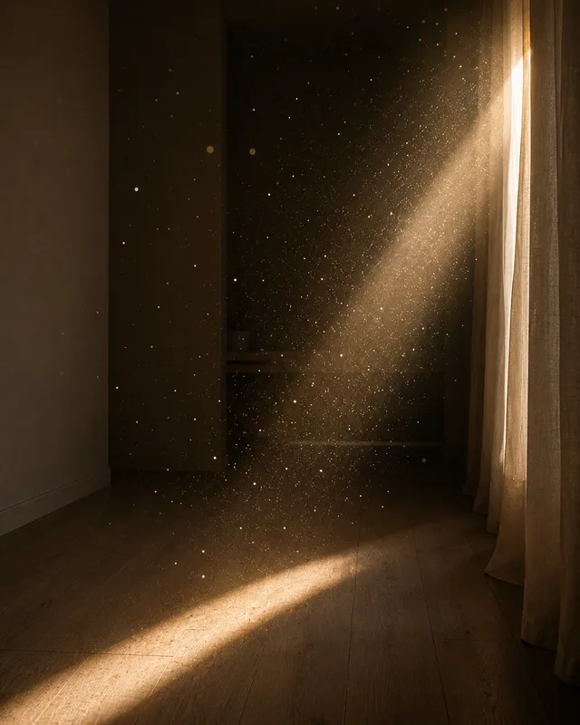 A shaft of late-afternoon sun crossing an otherwise empty room, catching very faint suspended motes against a shadowed wall.