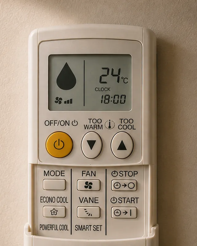 An air conditioner controller displaying a water droplet icon, indicating dry mode, at a setpoint of 24°C.