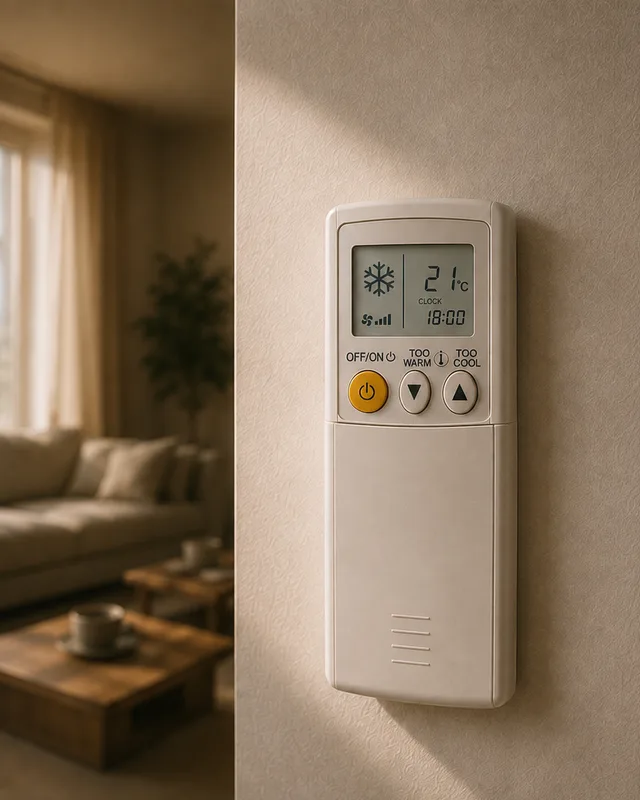 A wall-mounted air conditioner controller in a Dubai home, set to cooling on the day the occupants returned.