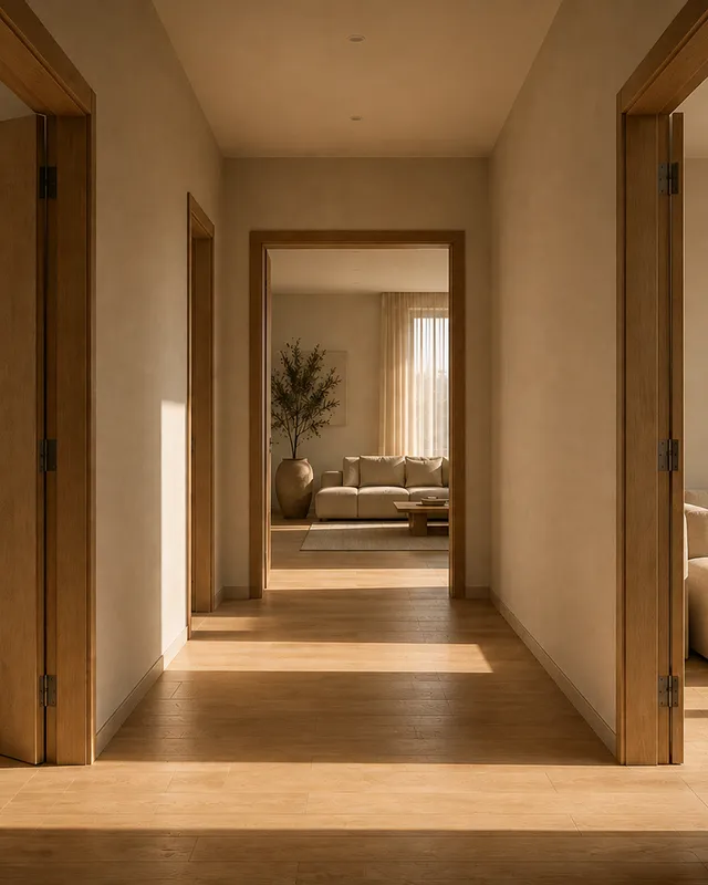 A villa corridor with three internal doors standing open, sunlight falling across the floor in bands.