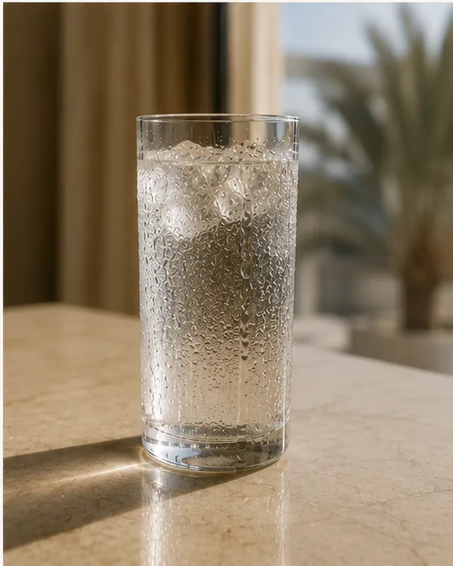 A cold glass of water beaded with condensation, with bright sunlit palms visible through glazing behind.