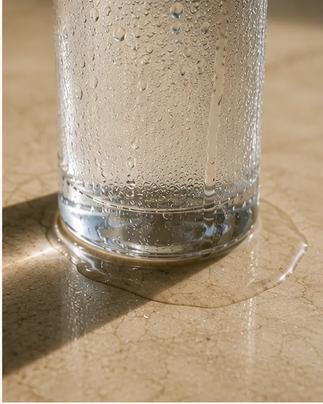 The base of a cold glass on pale stone, with water pooled around it.