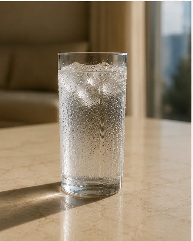 A cold glass of iced water on pale stone, heavily beaded with condensation in strong sunlight.