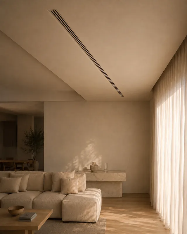 A slim linear air-conditioning grille recessed into a plaster ceiling in a Dubai villa.