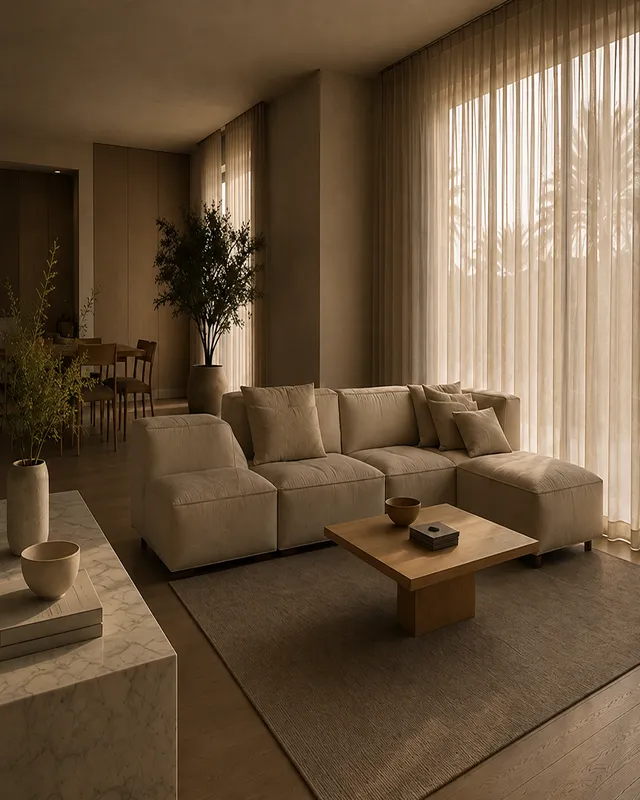 A villa living room with sheer curtains drawn against strong sunlight, empty and still.
