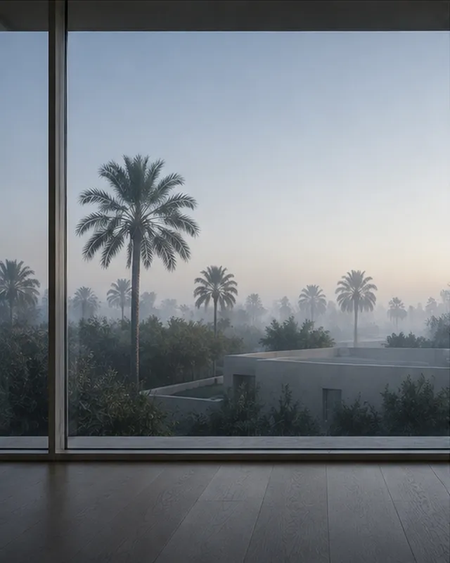 A view through full-height glazing at dawn during Dubai's fog season, palms softened by low mist.