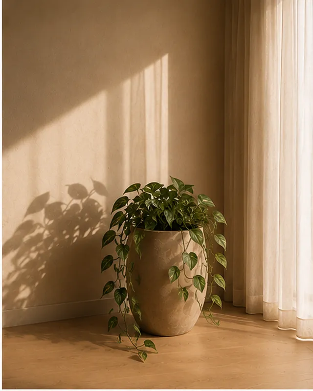 A trailing money plant in a ceramic pot beside a window, leaf shadow cast on the wall behind.
