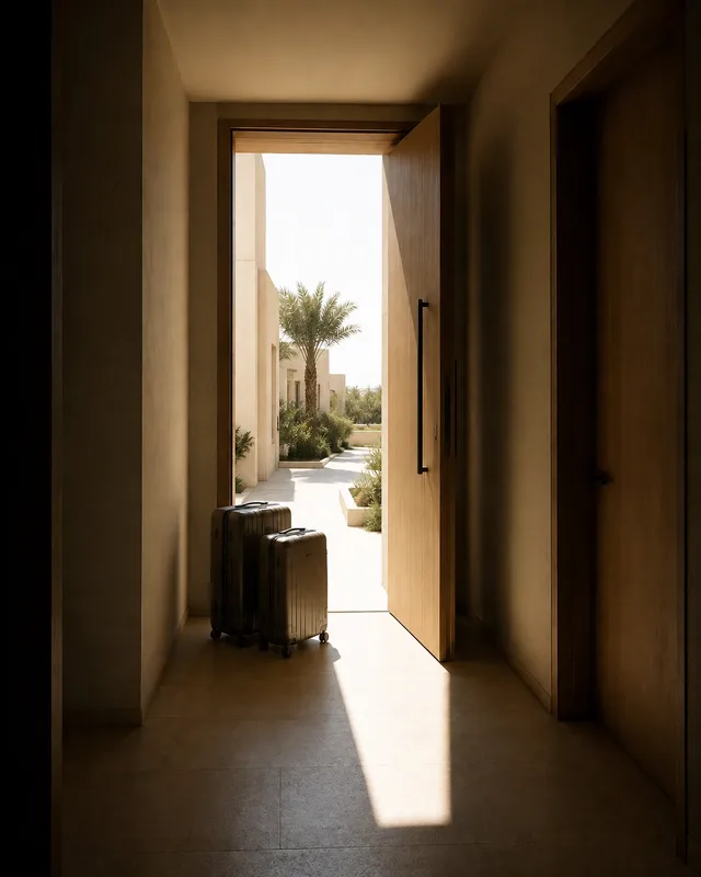 An open front door of a Dubai villa seen from a dim entrance hall, harsh daylight falling across pale stone with two suitcases inside.