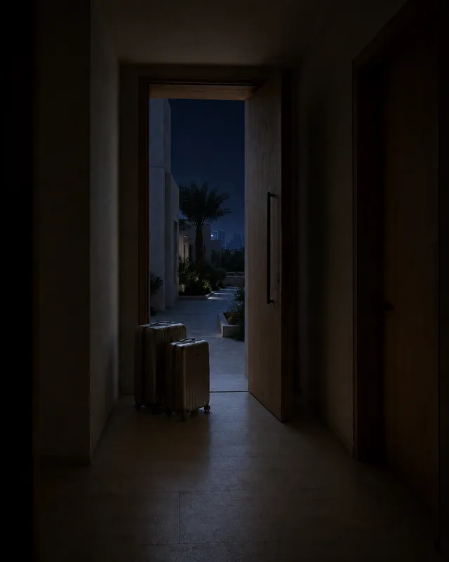 A single suitcase by a front door in a Dubai villa entrance hall at night.