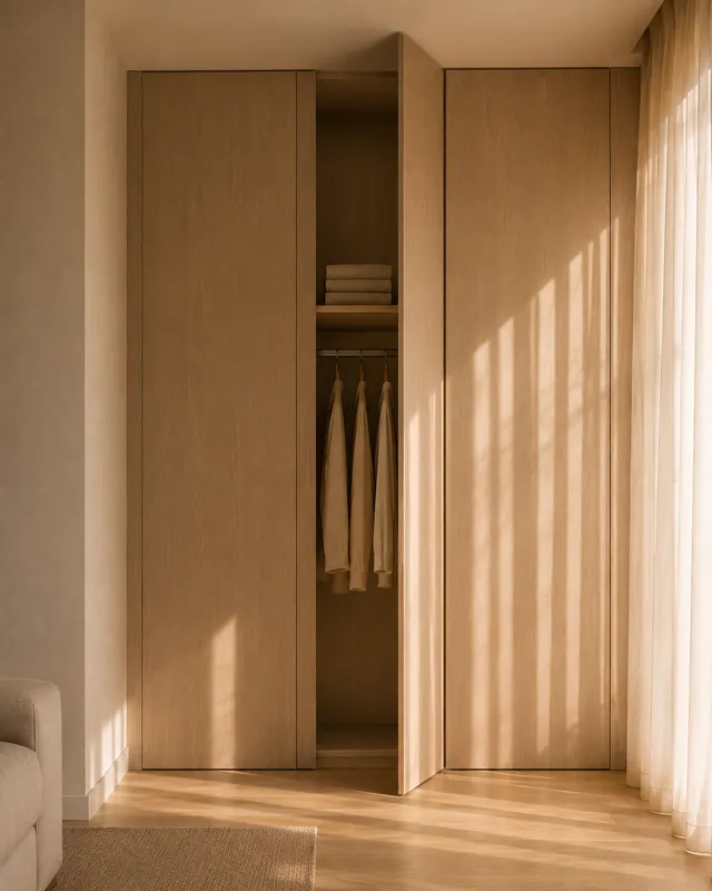 A built-in wardrobe with one door left ajar, folded linen visible inside.