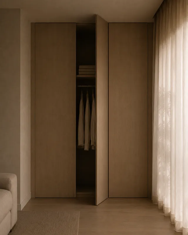 A built-in wardrobe with one door ajar in a dim, closed-up Dubai villa.