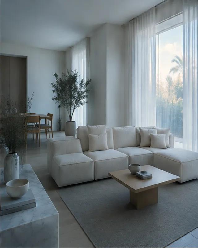 A Dubai villa living room in soft, cool winter morning light, with sheer curtains partly open.